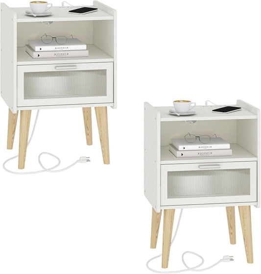 Nightstand with Charging Station, Bedside Tables, End Table Side Table with 2 Tiers Storage Space, for Bedroom, Living Room, White MLBZ07WE-2