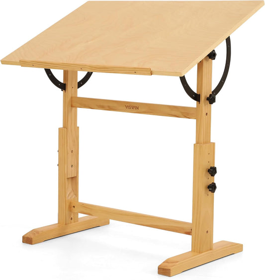 VISWIN Wood Drafting Table for Adults, 24'' x 35" Drawing Table with Adjustable Height & Angle for Art Studio, Solid Pine Wood Artist Desk for Drawing, Drafting, Writing, Reading, Sketching