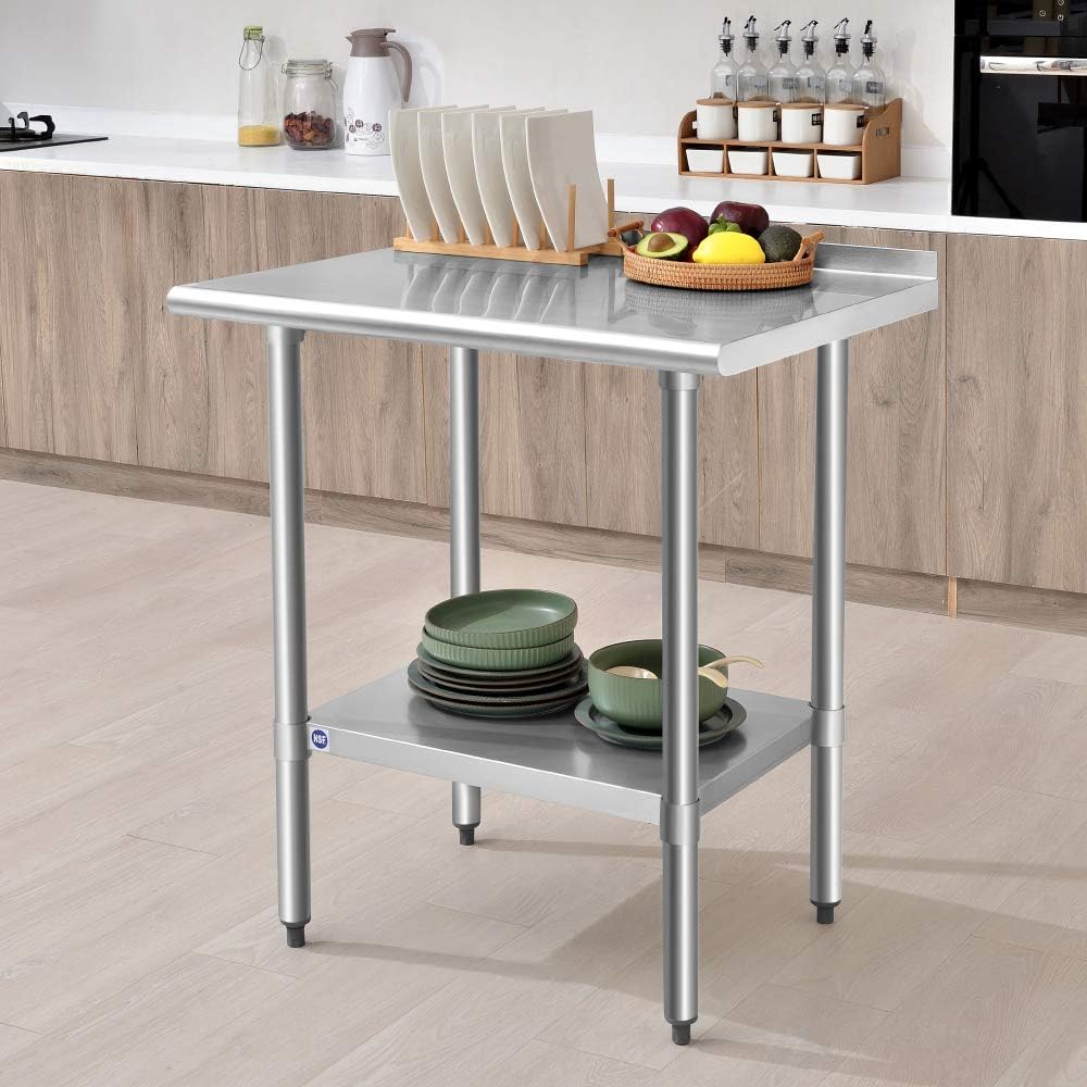 ROCKPOINT Stainless Steel Table for Prep & Work with Backsplash 24x30 Inches, NSF Metal Commercial Kitchen Heavy Duty Table with Adjustable Under Shelf and Table Foot for Restaurant, Home and Hotel