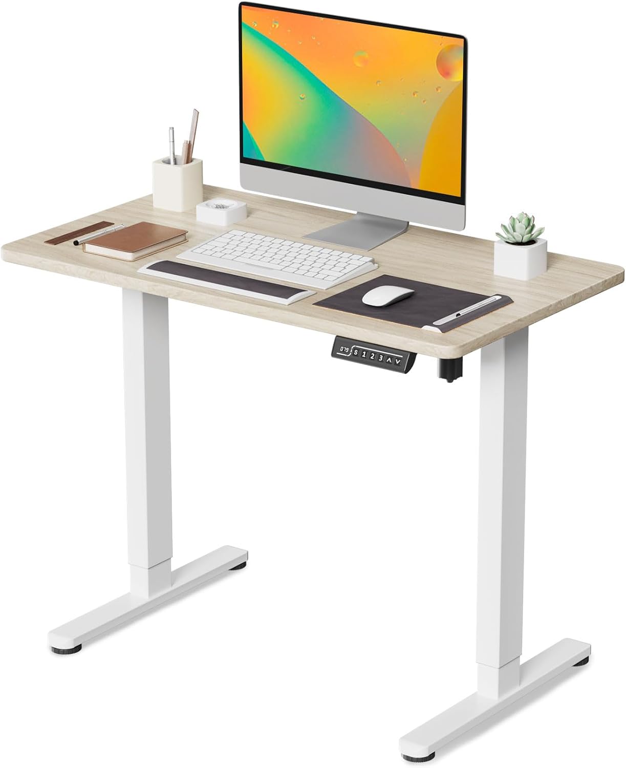 JOY worker Small Electric Standing Desk, 35" x 20" Whole Piece Height Adjustable Desk with Memory Controller, Light Walnut Sit to Stand Workstation for Home Office