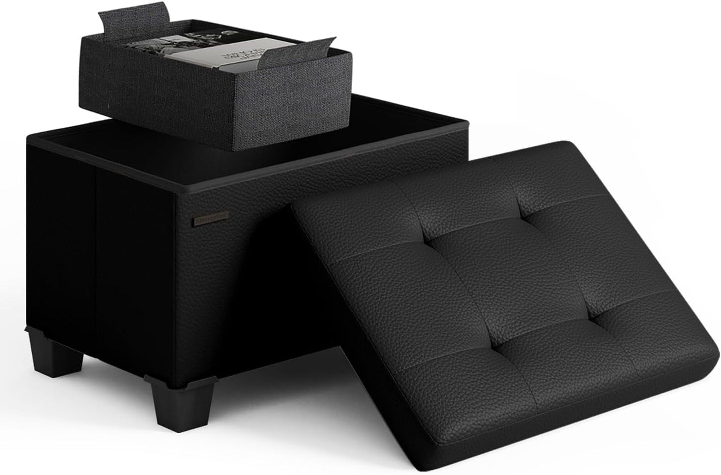 STORAGEBUD Storage Ottoman Cube with Small Bin, 16-in Square Ottoman with Storage for Living Room and Bedroom, Small Ottomans Foot Rest, Faux Leather Foot Stools Ottomans Max 330lbs, Black