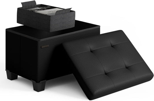 STORAGEBUD Storage Ottoman Cube with Small Bin, 16-in Square Ottoman with Storage for Living Room and Bedroom, Small Ottomans Foot Rest, Faux Leather Foot Stools Ottomans Max 330lbs, Black
