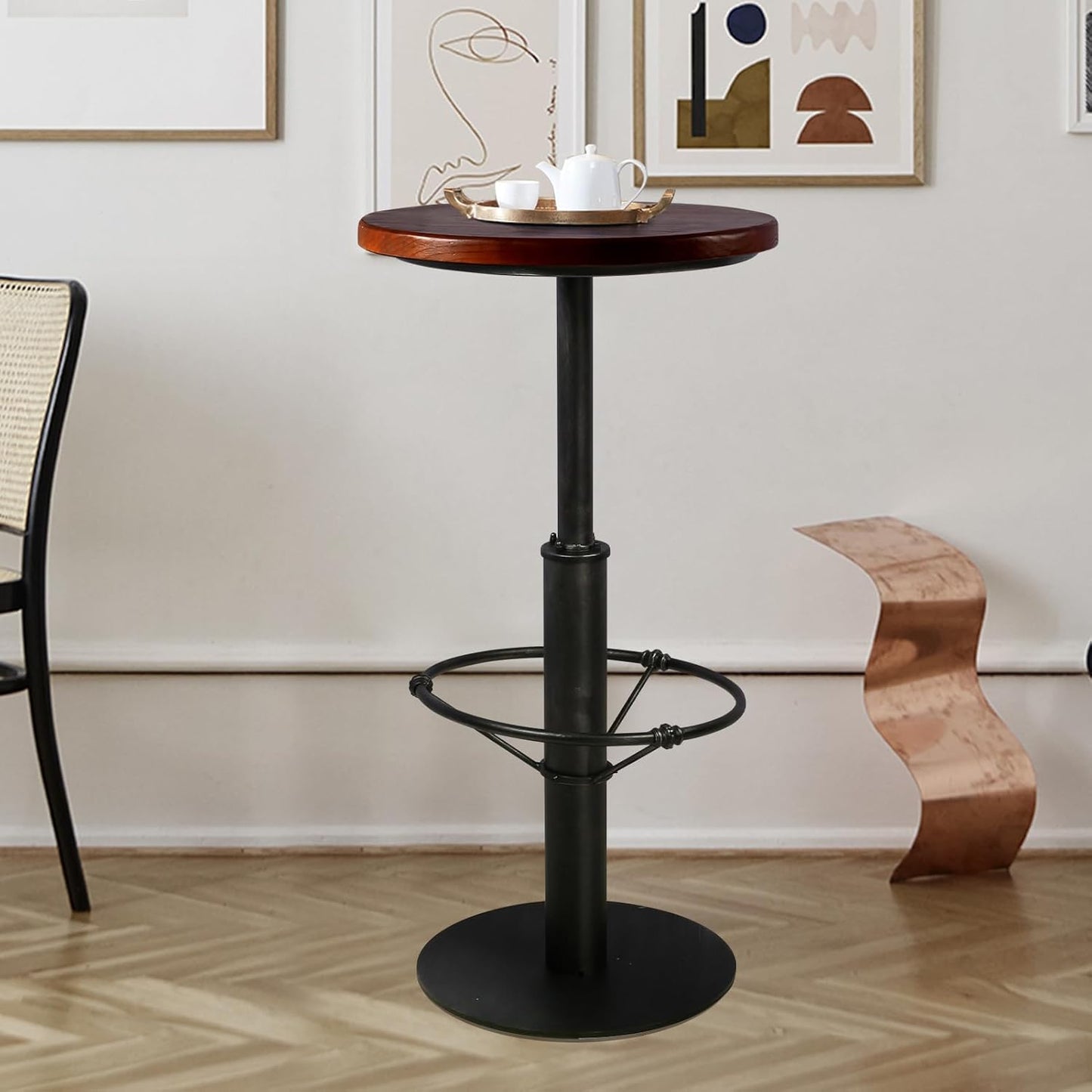 LOKKHAN 42" Tall Rustic Industrial Bar Table-19.68" Dia Round Wooden Top Metal Bar Height Adjustable Standing Pub Table-Dining Room Bistro Table-Cocktail Table (Silver,Walnut)