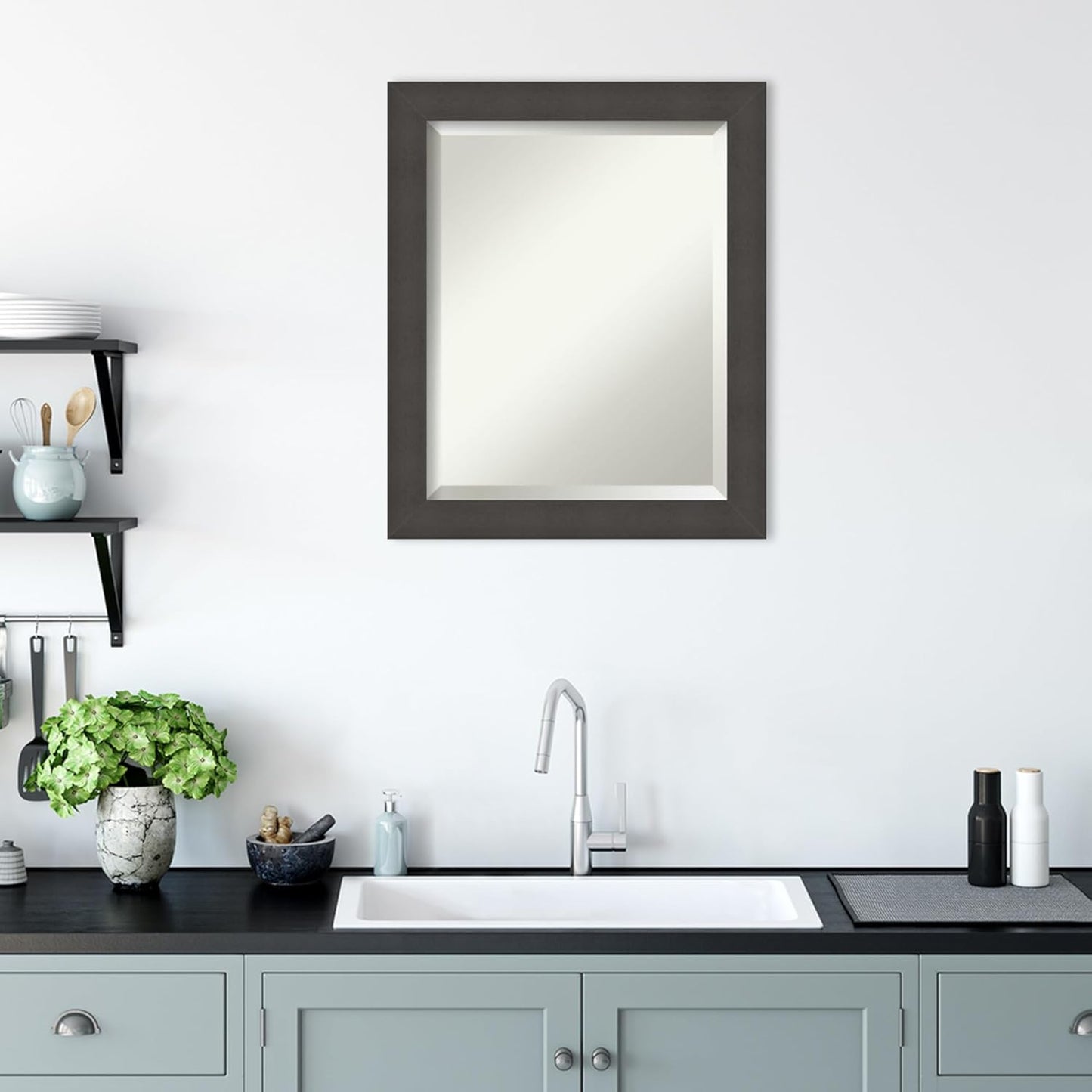 Amanti Art Silver Bathroom Mirror for Over Sink, 24x20 Blaine Light Pewter Narrow Rectangle Vanity Mirror, Small Modern Contemporary Frame, Hangs Horizonally and Vertically, Bathroom Wall Decor