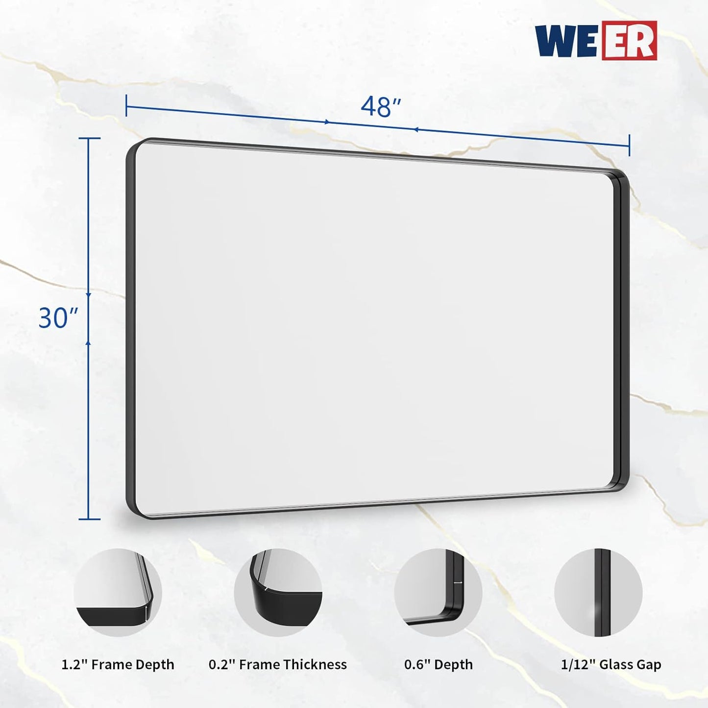WEER Black Bathroom Mirror, 48X30 Inch Rectangular Matte Black Metal Framed for Wall, Farmhouse Black Vanity Mirror with Tempered Glass, Rounded Corner, Anti-Rust, Hangs Horizontal or Vertical