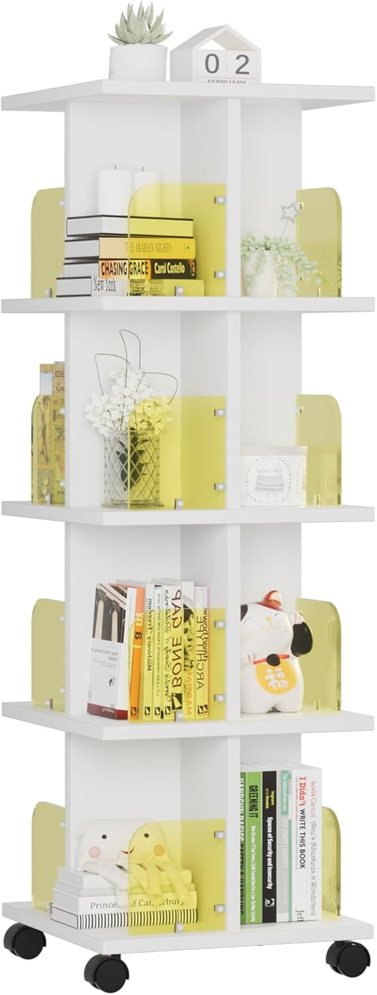 VECELO 4-Tier Rotating Bookshelf, Modern Swivel Bookcase, Vintage Book Shelf for 360° Display, Stackable Shelves Floor-Standing Storage for Home Office, Solid Wood, Smooth Spinning, White