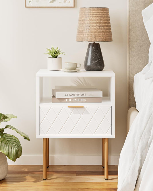 Nightstand,Morden Bedside Table with Gold Frame,Small White Night Stand,End Table,Bedside Furniture,Side Table with Drawer and Shelf for Bedroom,Living Room (1Drawer, White-Square)