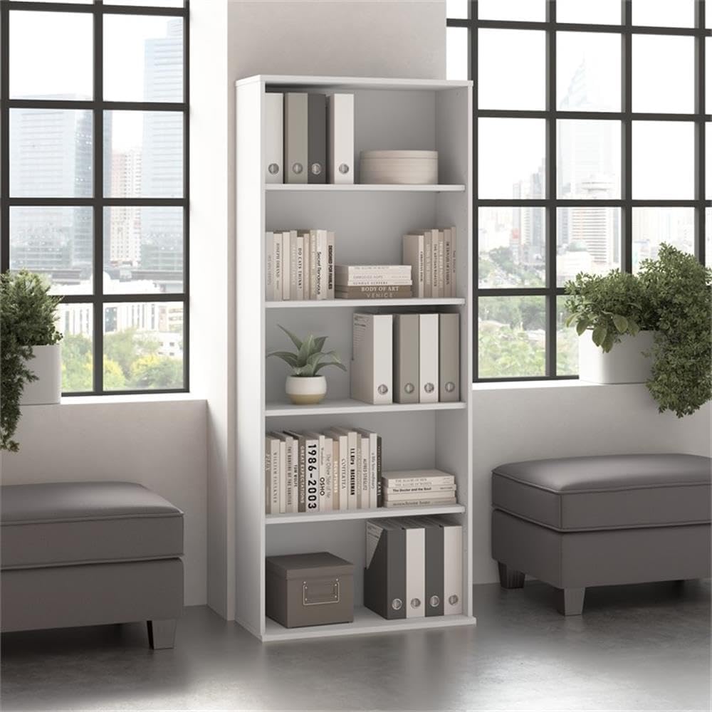 Bush Business Furniture Hustle Tall 5 Shelf Bookcase in White, Large Freestanding Bookshelf for Home Office and Professional Workspace