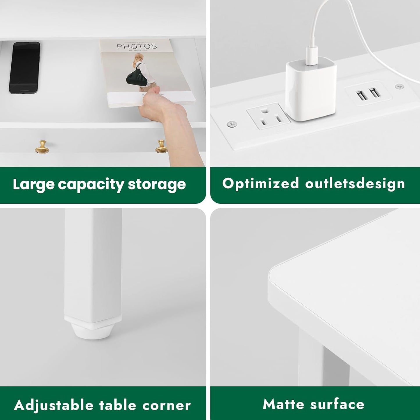 27 Inch Wide Night Stand, Large Wood Night Stand Set 2 with 2 Drawers, LED Nightstand with Charging Station and Adjustable Drawer, Bedside Table for Living Room/Bedroom/Study/Office, White.