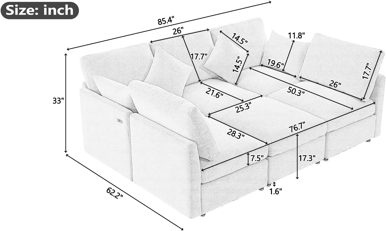 Ball & Cast Oversize Modular Sectional Sofa,85.4" 5-Seater Couch with USB Ports and 9 Pillows,Chenille Upholstered Convertible Sleeper Sofabed w/Movable Ottoman,for Living Room,Grey