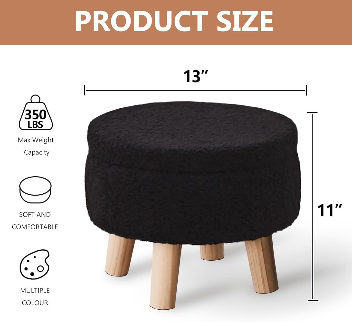 Wimarsbon Storage Ottoman, Modern Round Footrest with Soft Padded Seat, Teddy Velvet Footstool with Wood Legs, Accent Small Table or Plant Stand for Hallway, Living Room (Black)