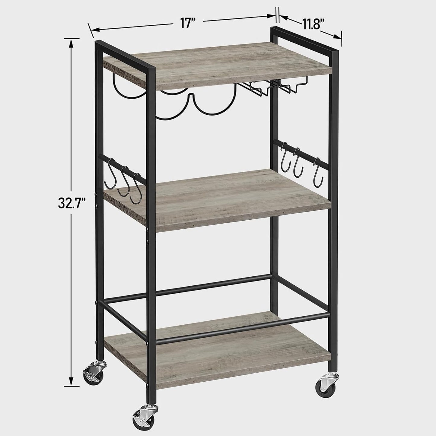 TUTOTAK Bar Cart, Home Bar Serving Cart, Small Wine Cart with 3-Tier Shelf, Beverage cart, Drink Cart with Wine Rack and Glass Holder, Rolling bar carts for The Home, Living Room, Greige BC01BG035