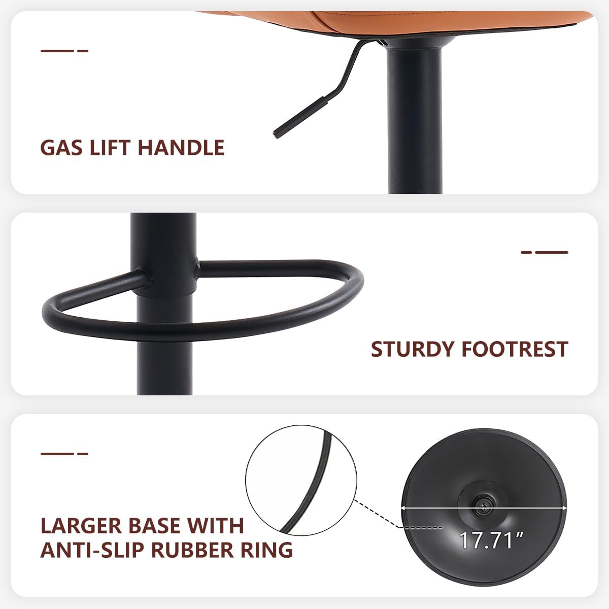 Kidol & Shellder Bar Stools Set of 2 Adjustable Swivel Orange, PU Leather Upholstered with Back, Modern Counter Height Stools for Kitchen Island, Home Bar