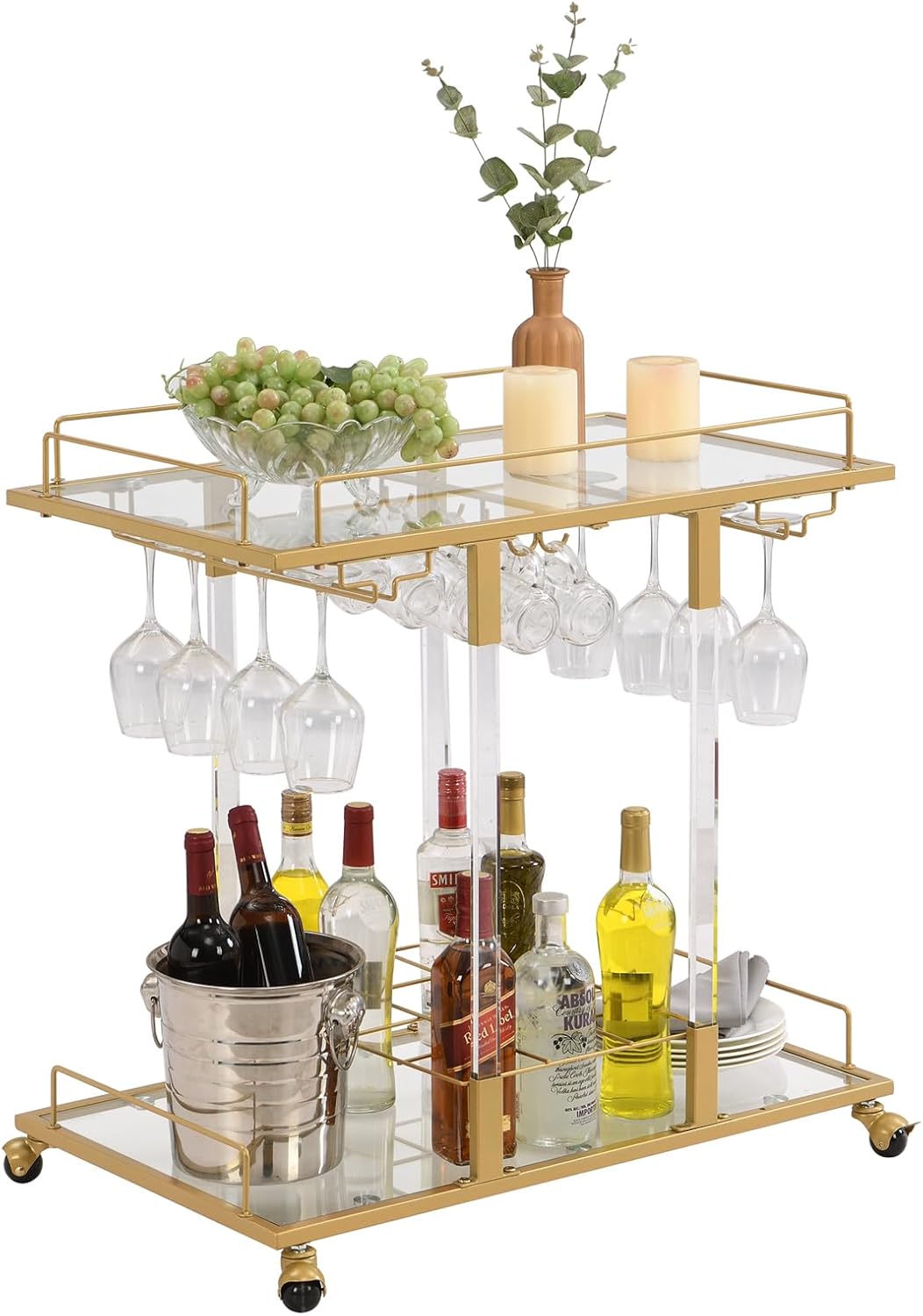 Bar Cart for Home Bar Chrome Serving Cart with Wine Rack 2-Tier Acrylic Rolling Bar Carts on Wheels Clear Dessert Cart Lucite Bar Stand Glass Liquor Cart for Living Room Kitchen Club Gold