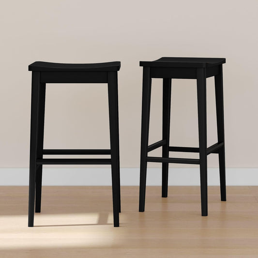 Plank+Beam Smythe Bar Stool, 30", Set of 2, Sturdy Wood Modern Kitchen Bar Height Stool, Saddle Seat Backless Counter Chair, Metal Footrest, Black