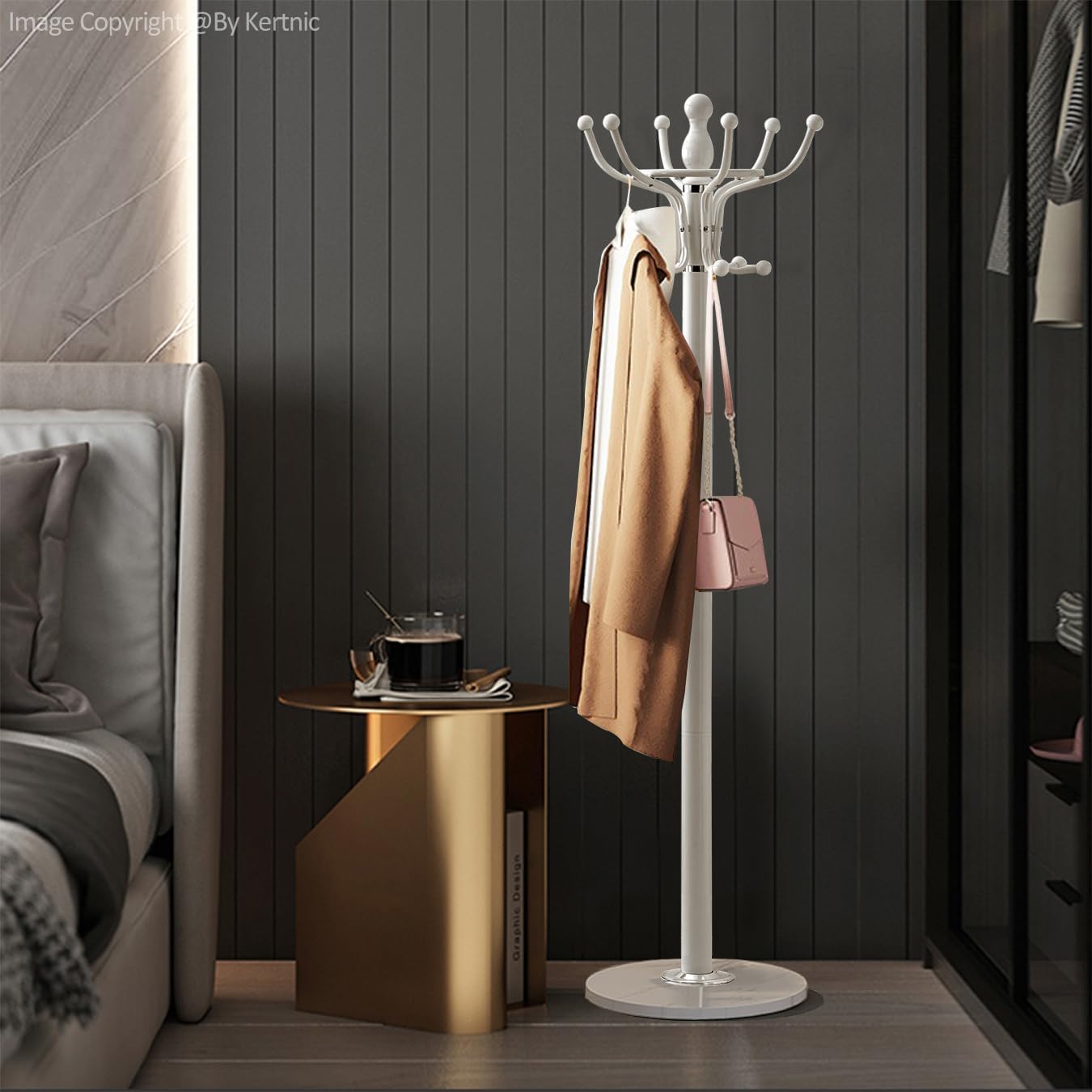 Kertnic Freestanding Coat Rack with 16 Hooks & Marble Base - Heavy Duty Metal Hall Tree Stand for Entryway, Hats, Coats, Bags Rack- Modern Hanger Organizer for Home, Office, Dorm (16 hooks -White)