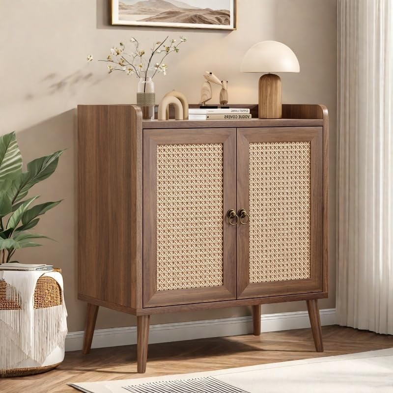 Buffet Cabinet, Rattan Storage Cabinet with Round Pull Rings, Sideboard with Ample Storage, Bar Liquor Shelf with 2 Doors for Living Room, Hallway, Light Brown