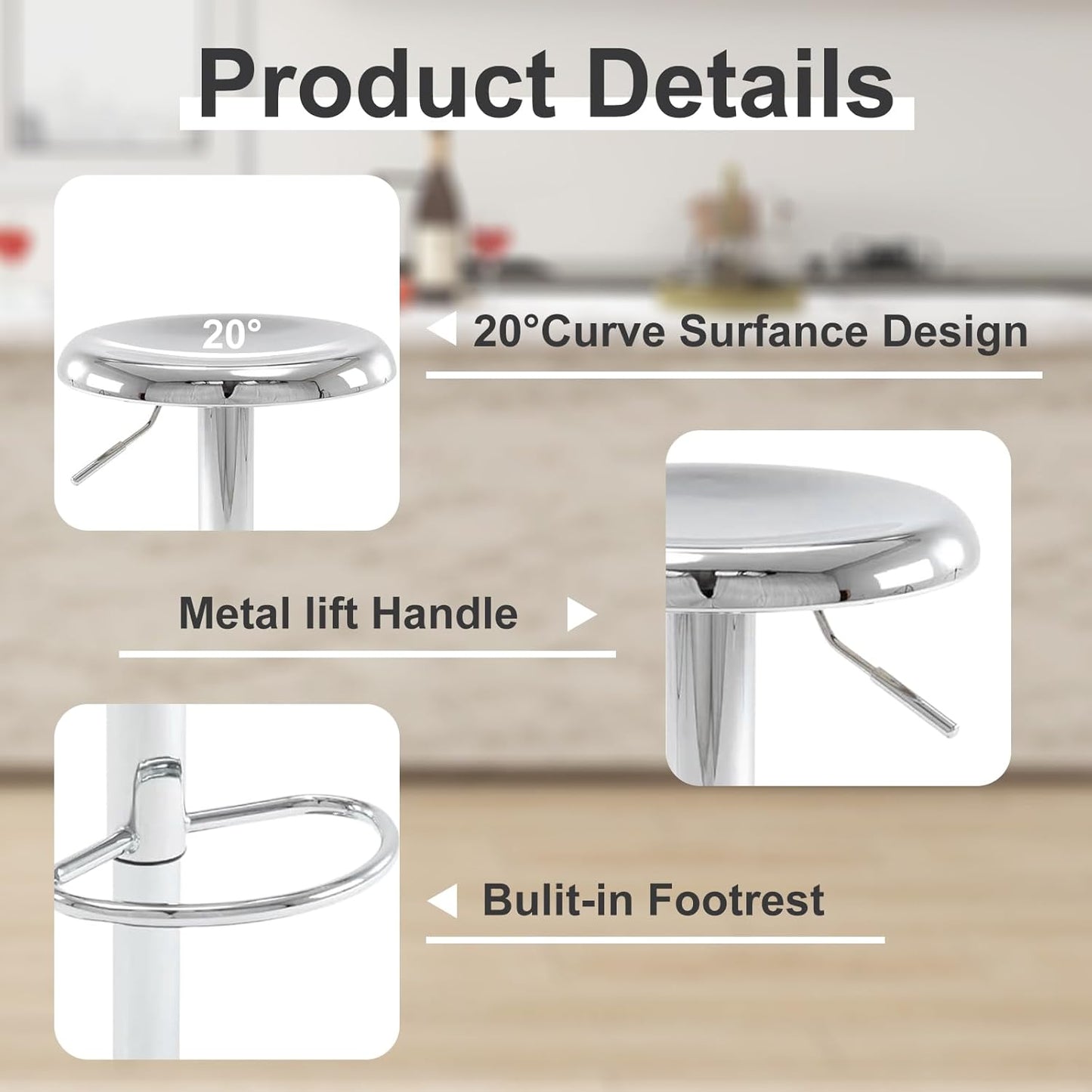 Bar Stools - 2 Pack, Adjustable Swivel Height Counter Bar Stool, Modern Metal Barstools, Backless Barstool for Bar, Kitchen Island, Pub, Silver