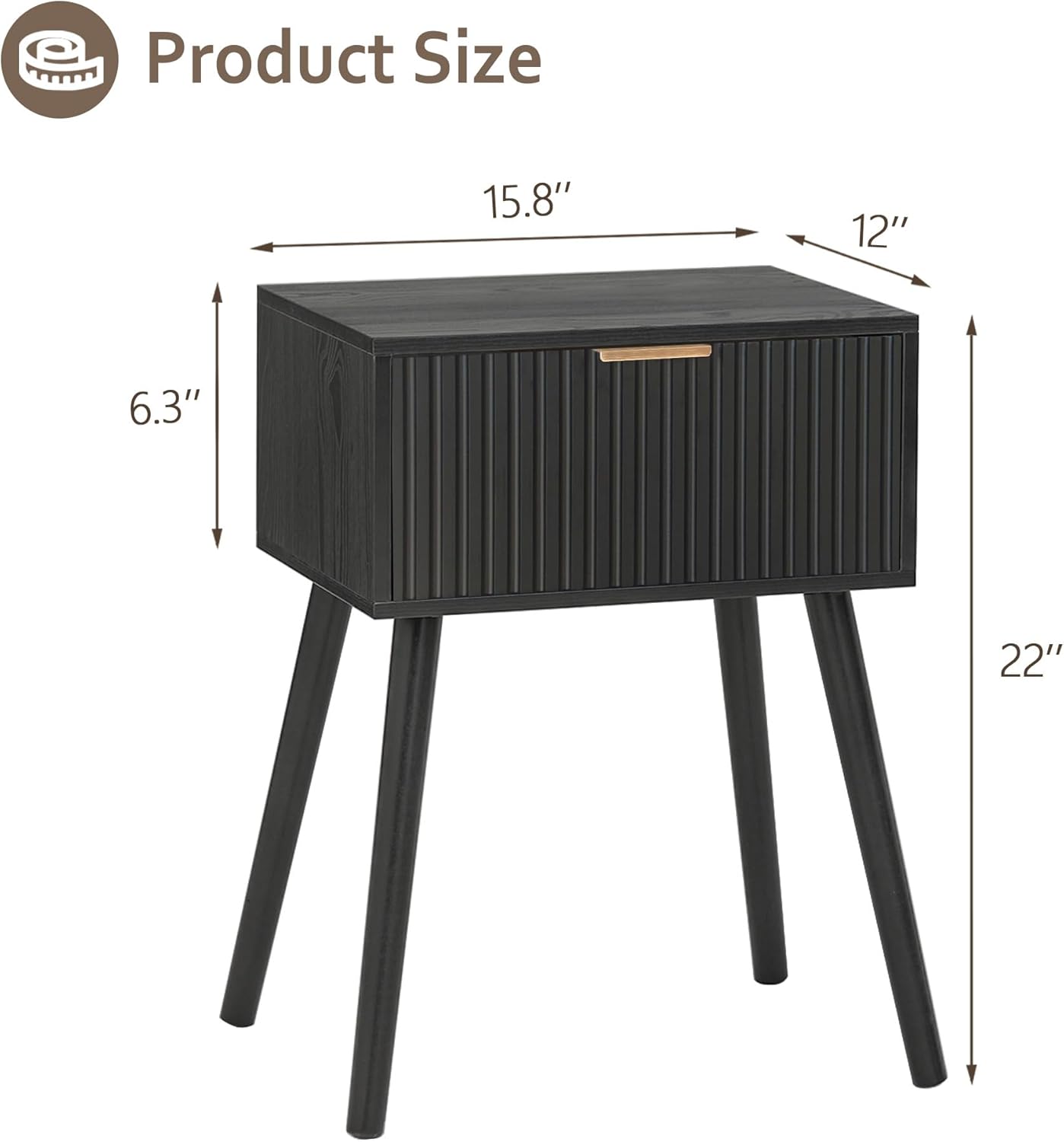 Black Nightstand, Small End Tables Living Room, Accent Bedside Table with Fluted Drawer for Bedroom and Small Space, Black