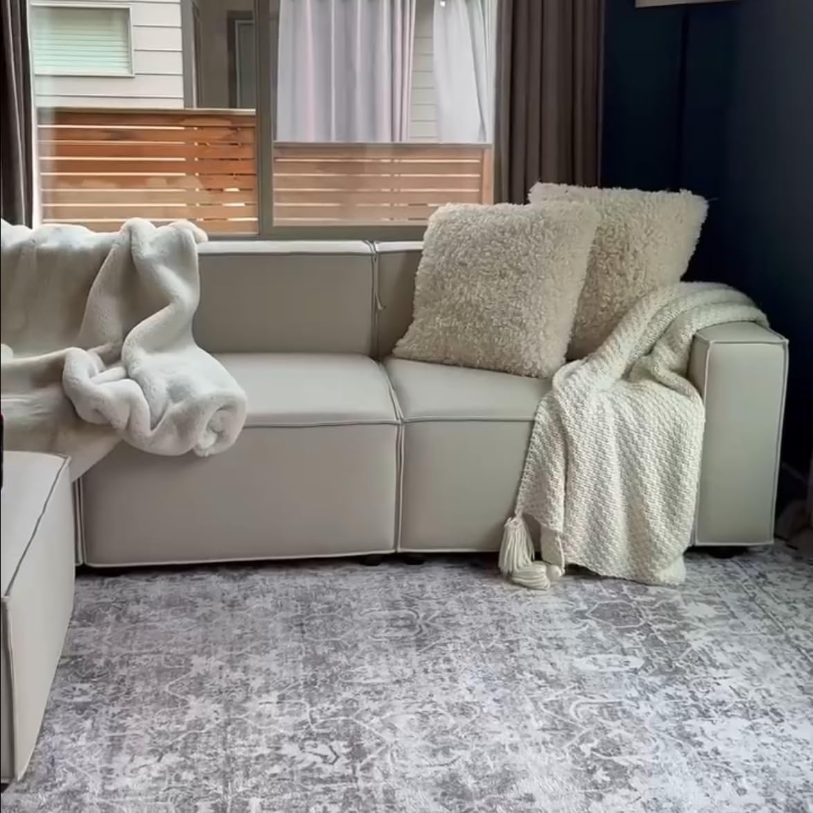 Acanva Luxury Modular Sectional Living Room Sofa Set, Modern Minimalist Style Couch with Ottoman and Chaise, L-Shape, Cream