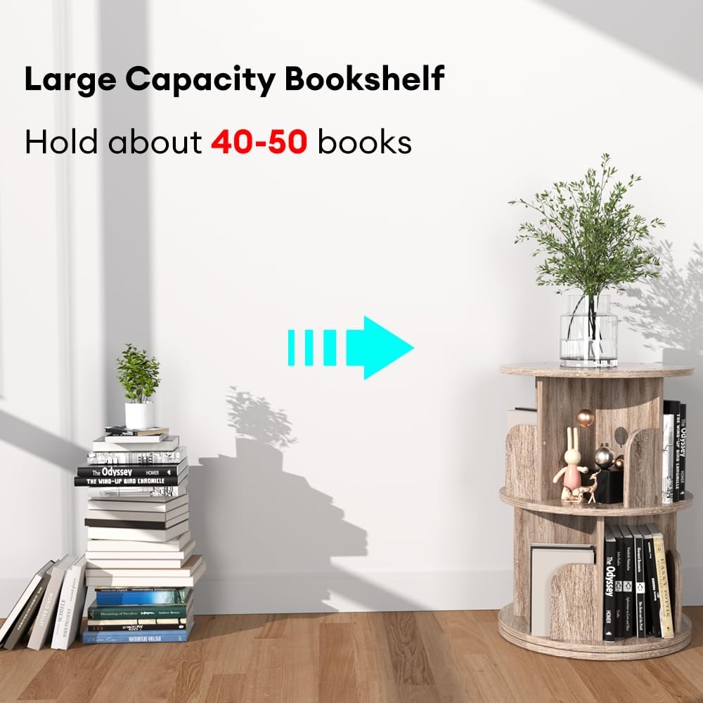 Nidouillet Small Rotating Bookshelf, 2 Tier Revolving Bookcase 360° Display Round Bookshelf Narrow Swivel Corner Book Shelf Standing Bookcase Adult Bedroom