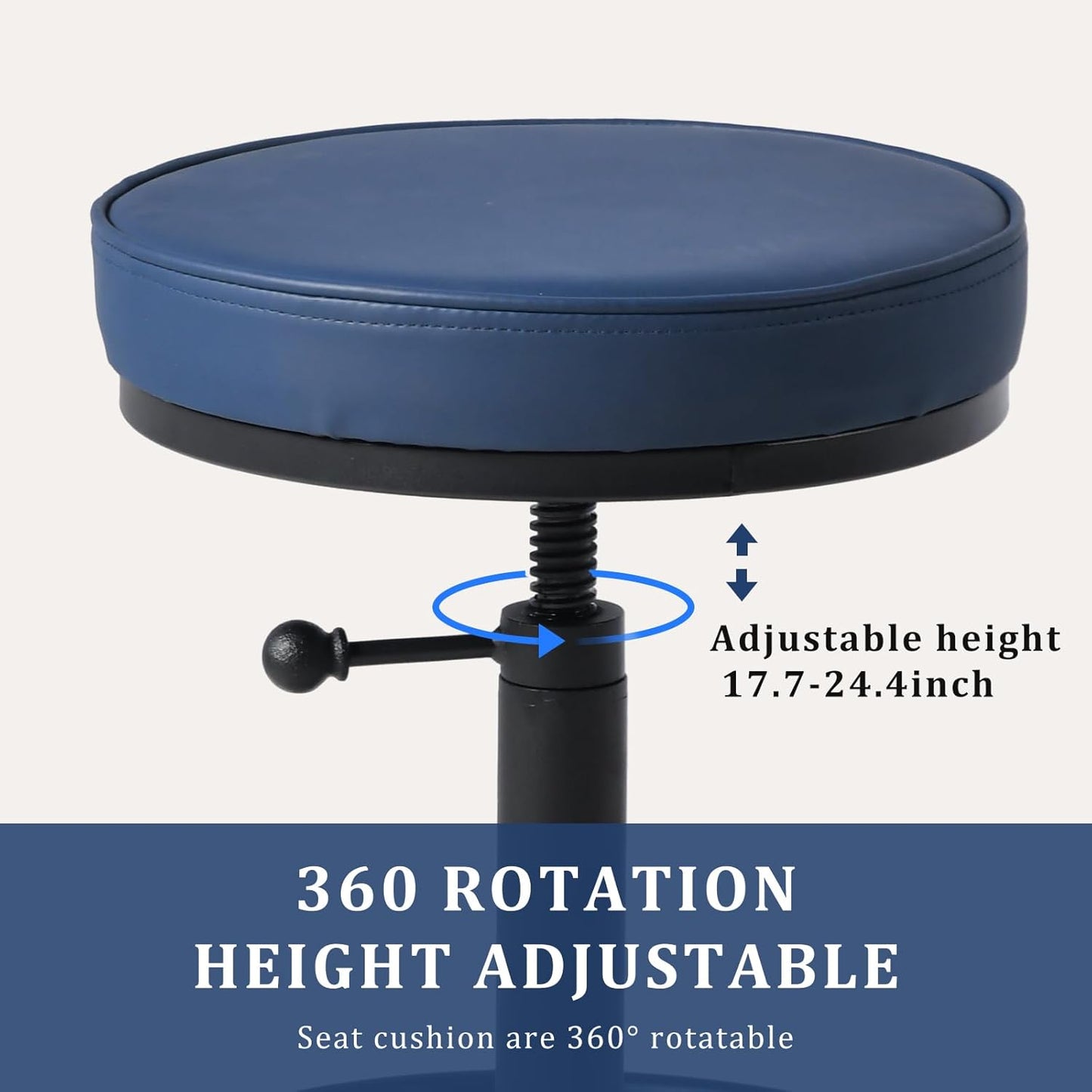 Vintage Short Bar Stools Industrial Swivel Counter Stools 17-24inch Height Adjustable Rustic Leather PU Seat Chairs for Kitchen Island Extra Seat Beside Sofa (Dark Blue)