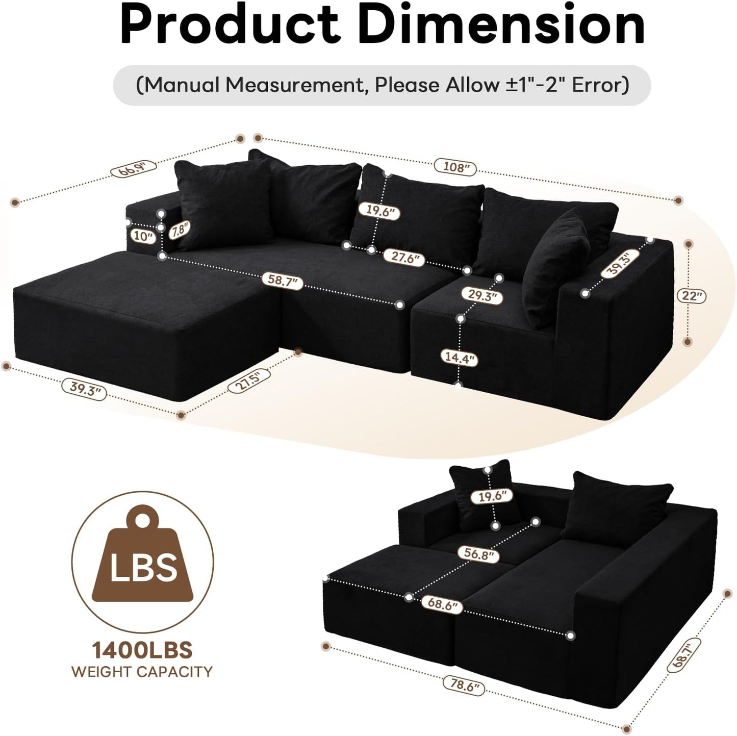 Vamcheer Modular Sectional Sofa with Chaise, Modern L Shaped Cloud Couch with Deep Seat, Sectional Couches for Living Room, Bedroom, Office, No Assembly Required, Black