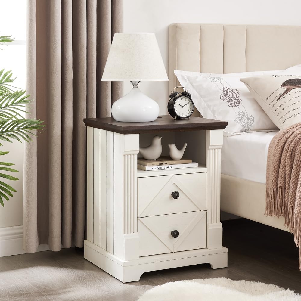 Farmhouse Night Stand with Charging Station, 18" Modern Wood Side Table, 2 Drawers End Table & Roman Column Design for Living Room, Bedside Table with Open Shelf for Bed Room, Antique White