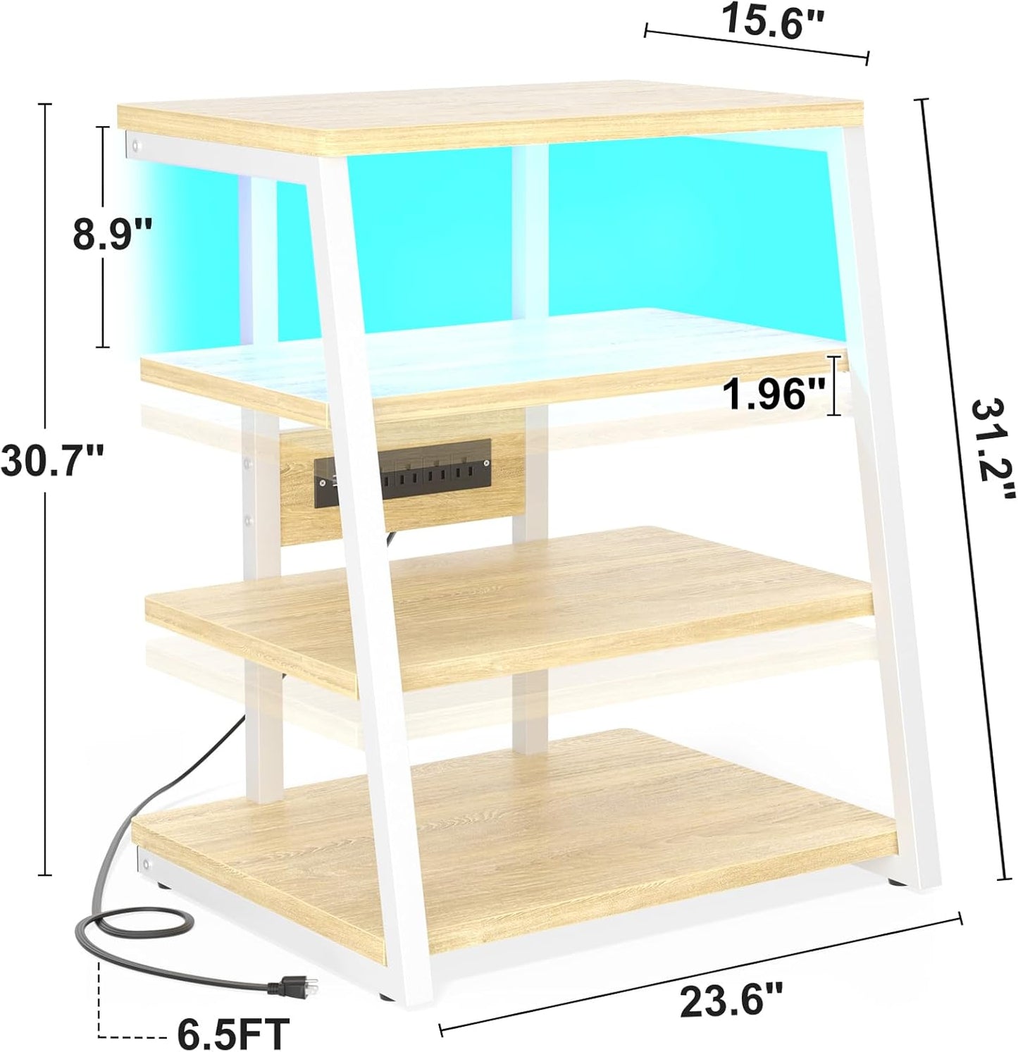 AV Media Stand with Outlets, Media Console with LED Lights, Stereo Racks and Stands with Storage Shelves, Media Audio Tower Cabinet, Natural Oak and White
