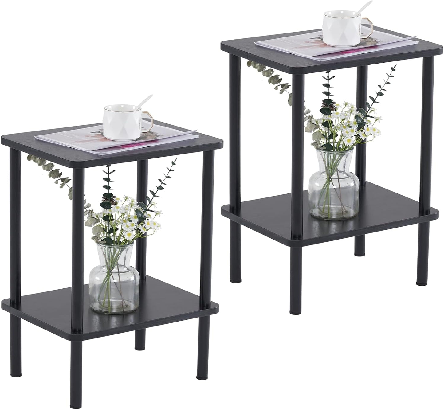 Apicizon 2 Tier End Table Set of 2, Small Side Table with Solid Wood Legs, Boho Bedside Table with Storage Shelf, Nightstand for Small Spaces, Bedroom, Living Room, Entryway, Easy Assembly, Black