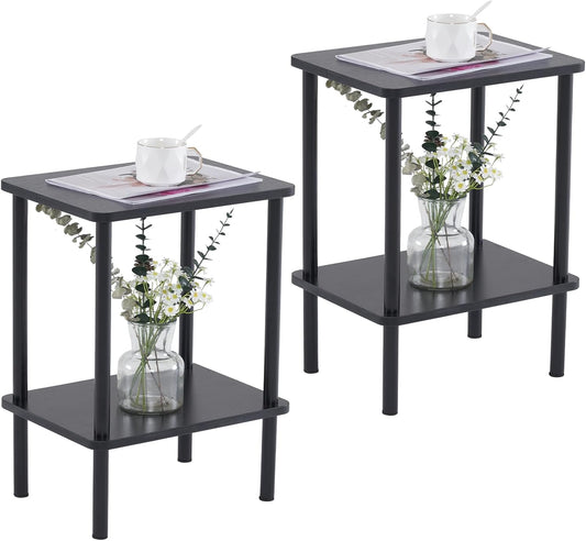 Apicizon 2 Tier End Table Set of 2, Small Side Table with Solid Wood Legs, Boho Bedside Table with Storage Shelf, Nightstand for Small Spaces, Bedroom, Living Room, Entryway, Easy Assembly, Black