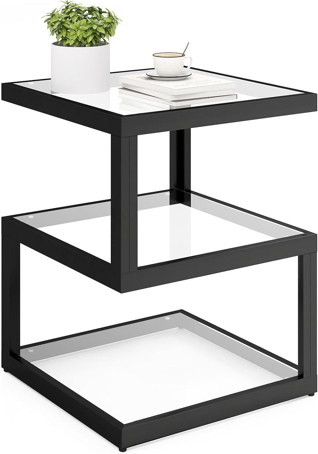 3-Tier Glass Table with LED Strip, Unique S-Shaped Design SideTable, Moderen Black Deco Table for Living Room and Bedside Room