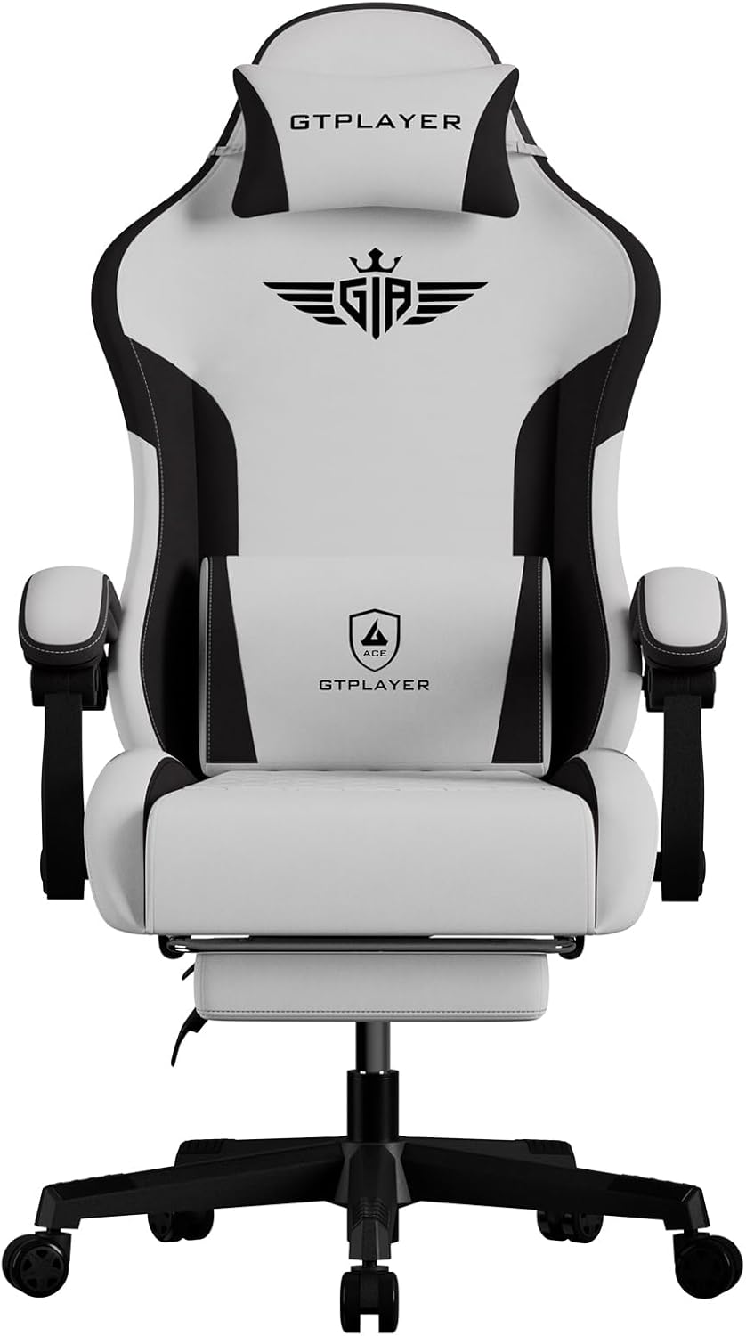GTPLAYER Gaming Chair Fabric with Footrest, Big and Tall Game Chair High Back Computer Office Chair with Lumbar Support for Adults, Ergonomic Swivel Games Chair with Cushion Gaming Grey