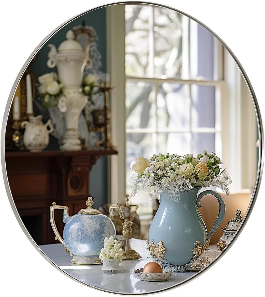 ANDY STAR 30" Round Brushed Nickel Bathroom Mirror, Silver Wall Mirror for Bathroom，Metal Round Circle Mirror for Wall, Bathroom (Premium Stainless Steel Frame)