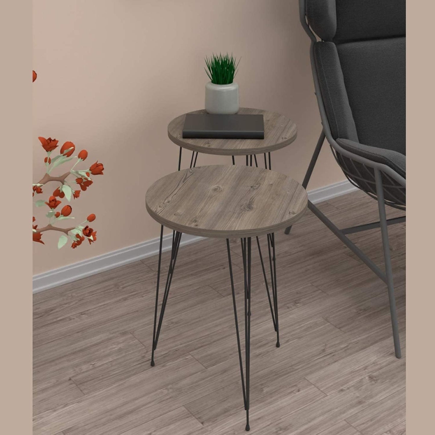 PAK HOME - Set of 2 Pine Wood Grey End Table – Round Wood Sofa Side Coffee Tables for Small Spaces, Nightstand Bedside Table for Bedroom, Living Room, Home Office, Balcony