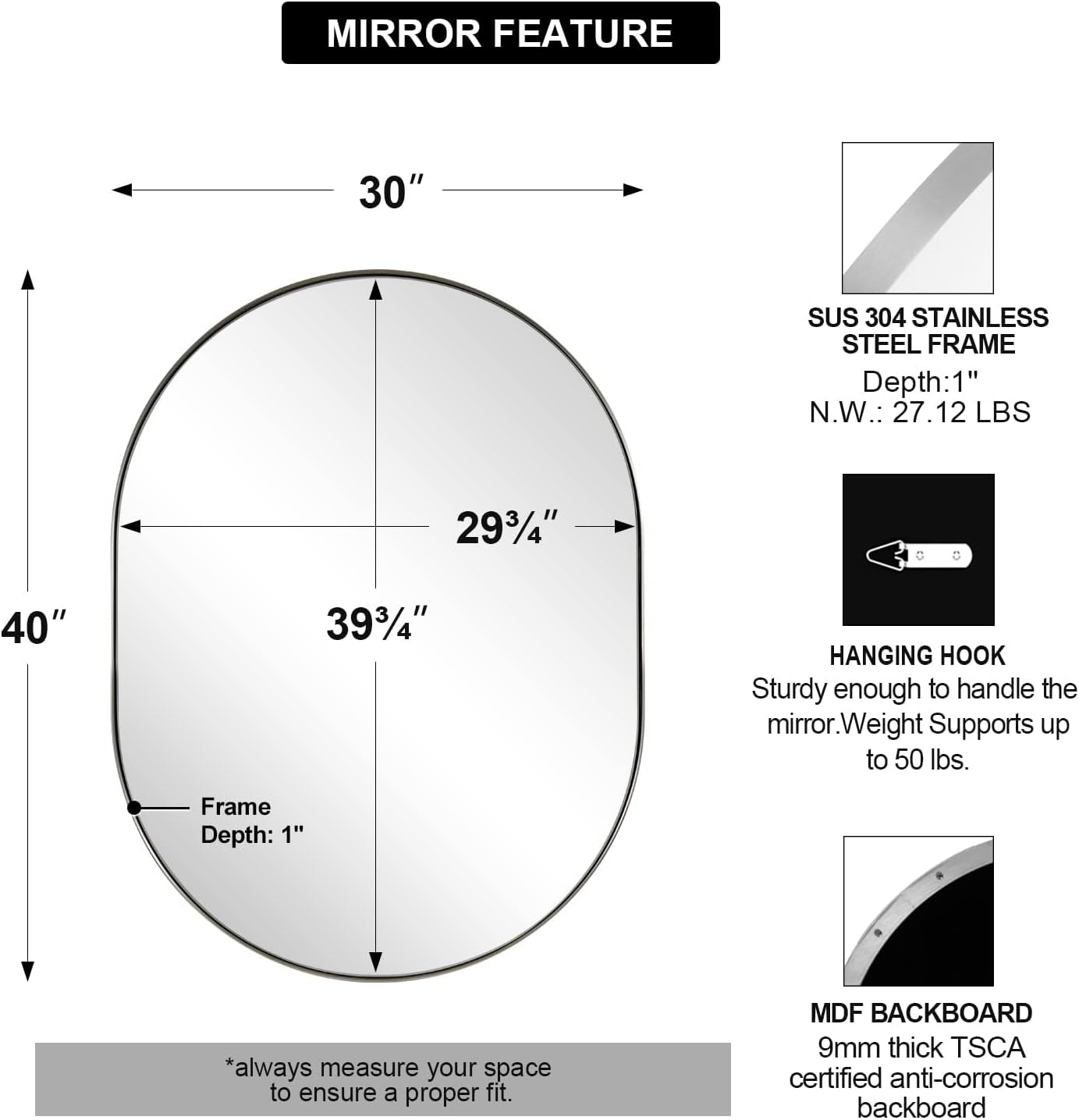 ANDY STAR Brushed Nickel Mirror Bathroom, 30x40 Inch Oval Mirrors for Bathroom, Nickel Pill Shaped Mirror in Premium Stainless Steel Metal Frame Wall-Mounted Mirror 1”Deep Hangs Horizontal/Vertical
