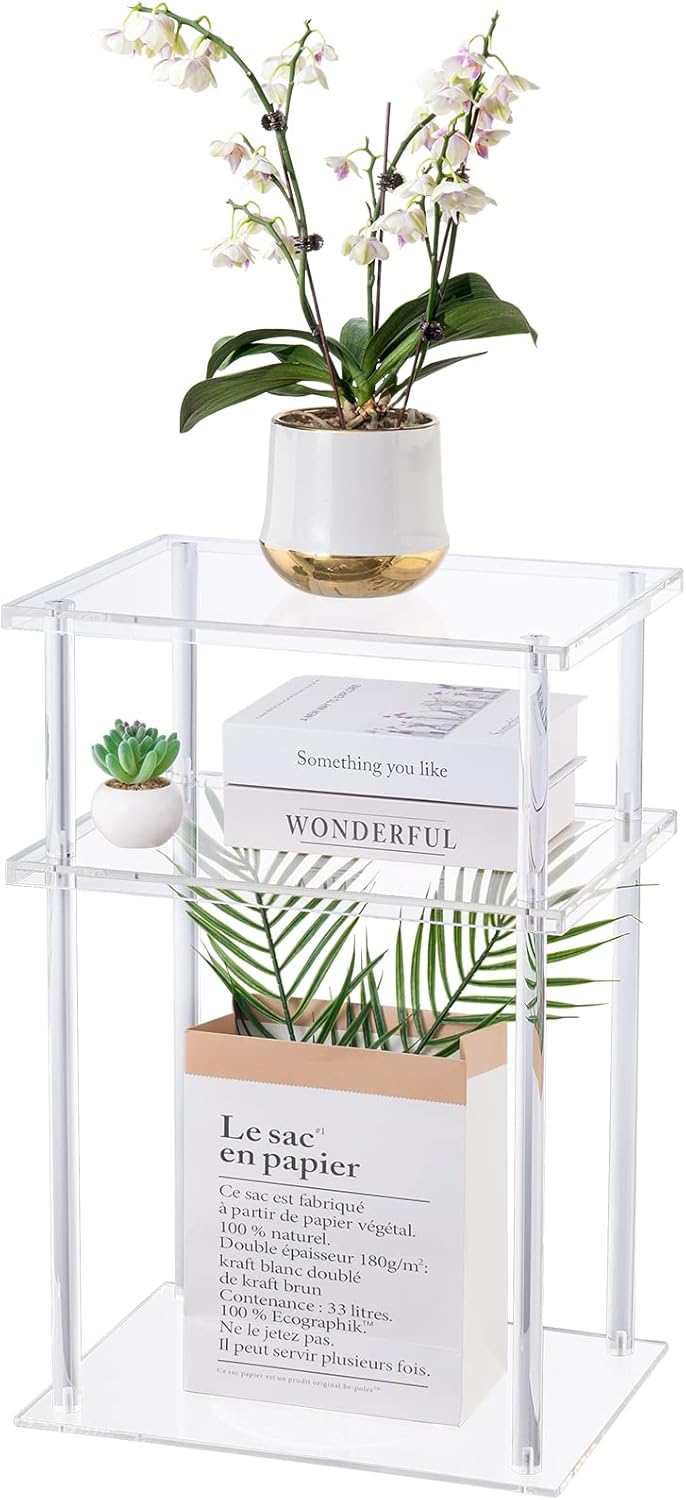 HMYHUM Clear Acrylic Side Table, 3-Tier End Table for Living Room, Small Bedside Table/Nightstand for Bedroom, Home Accent Table, Frame Design, 15.7" L x 11.8" W x 23.2" H