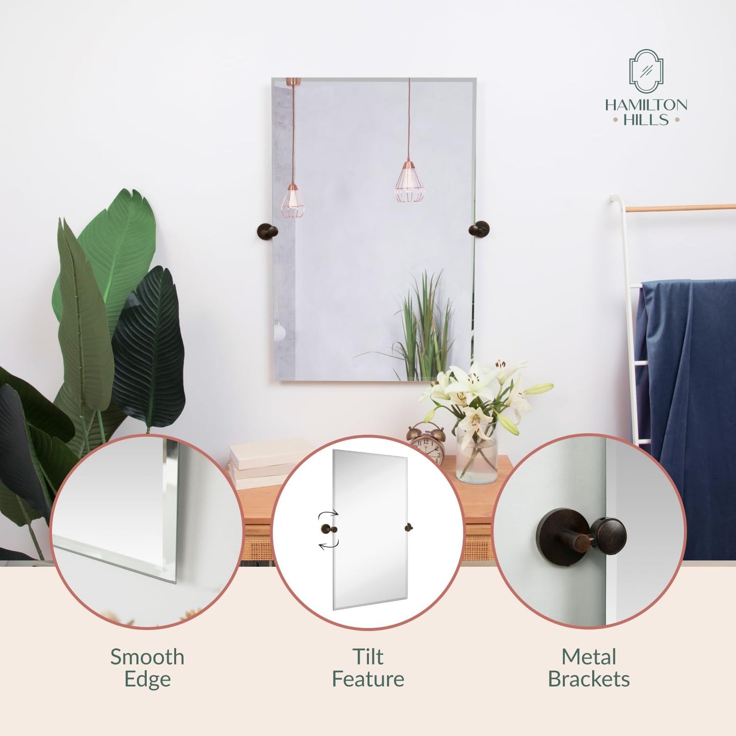 Hamilton Hills 24x36 inch Frameless Pivot Mirrors for Bathrooms with Oil Rubbed Bronze Rounded Wall Brackets | Rectangular Tilting & Farmhouse Wall-Mounted Vanity | Hangs Horizontally and Vertically
