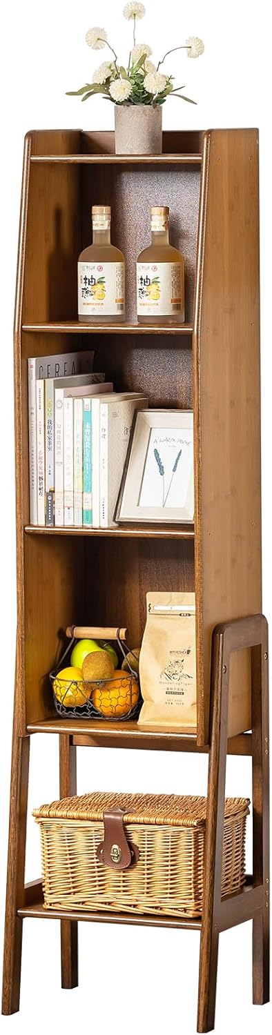 Welnow Bamboo Bookcase with Cabinet, Natural End Table with 3-Tier Storage Shelf, Modern Bedside Organizer Side Table for Bedroom or Living Room, Walnut Bookshelf with Open Space