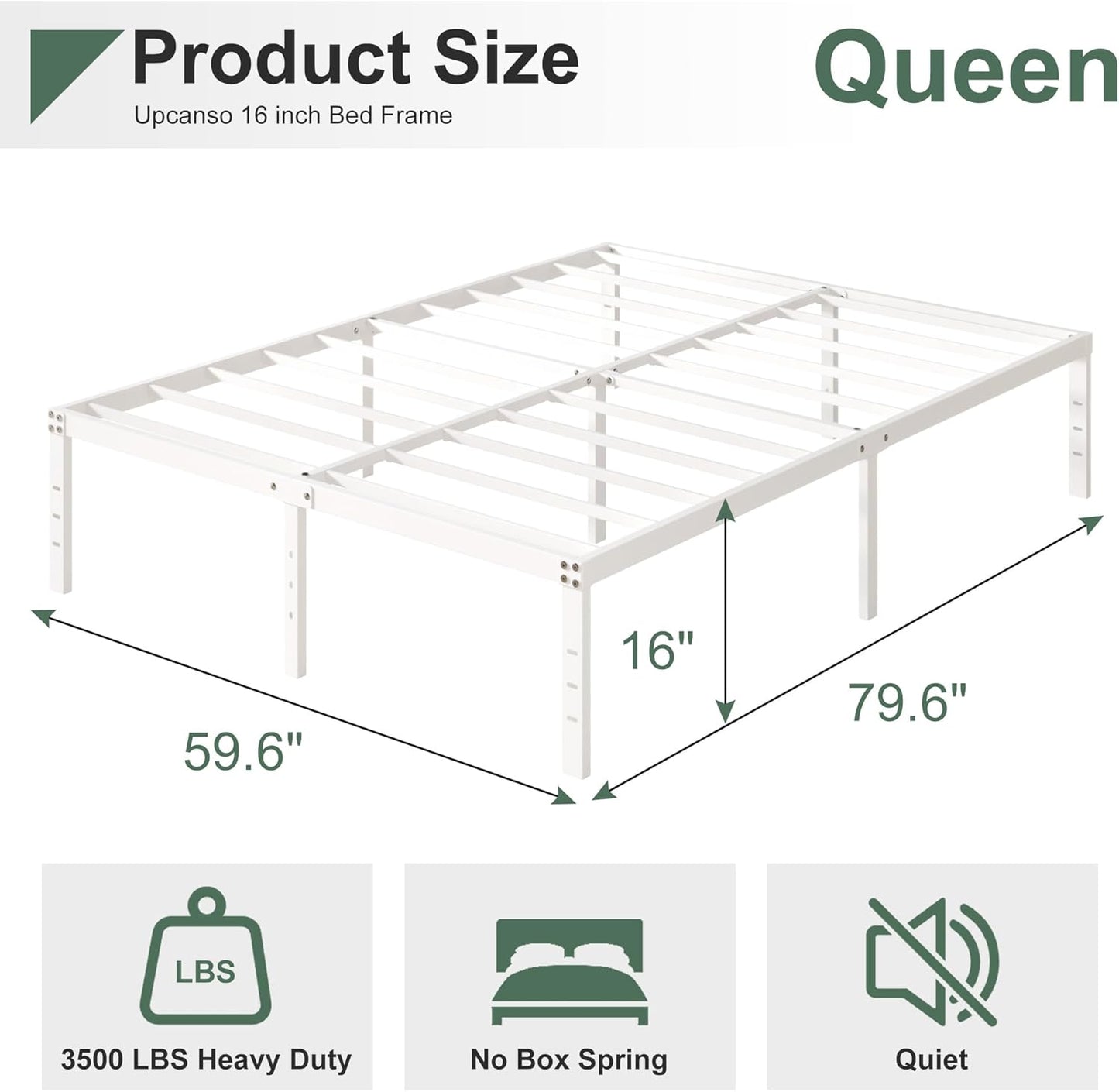 16 Inch White Queen Bed Frame No Box Spring Required, Metal Platform Queen Size Bed Frames with High Storage, Eassy Assembly 3,500 lbs Heavy Duty Bedframes