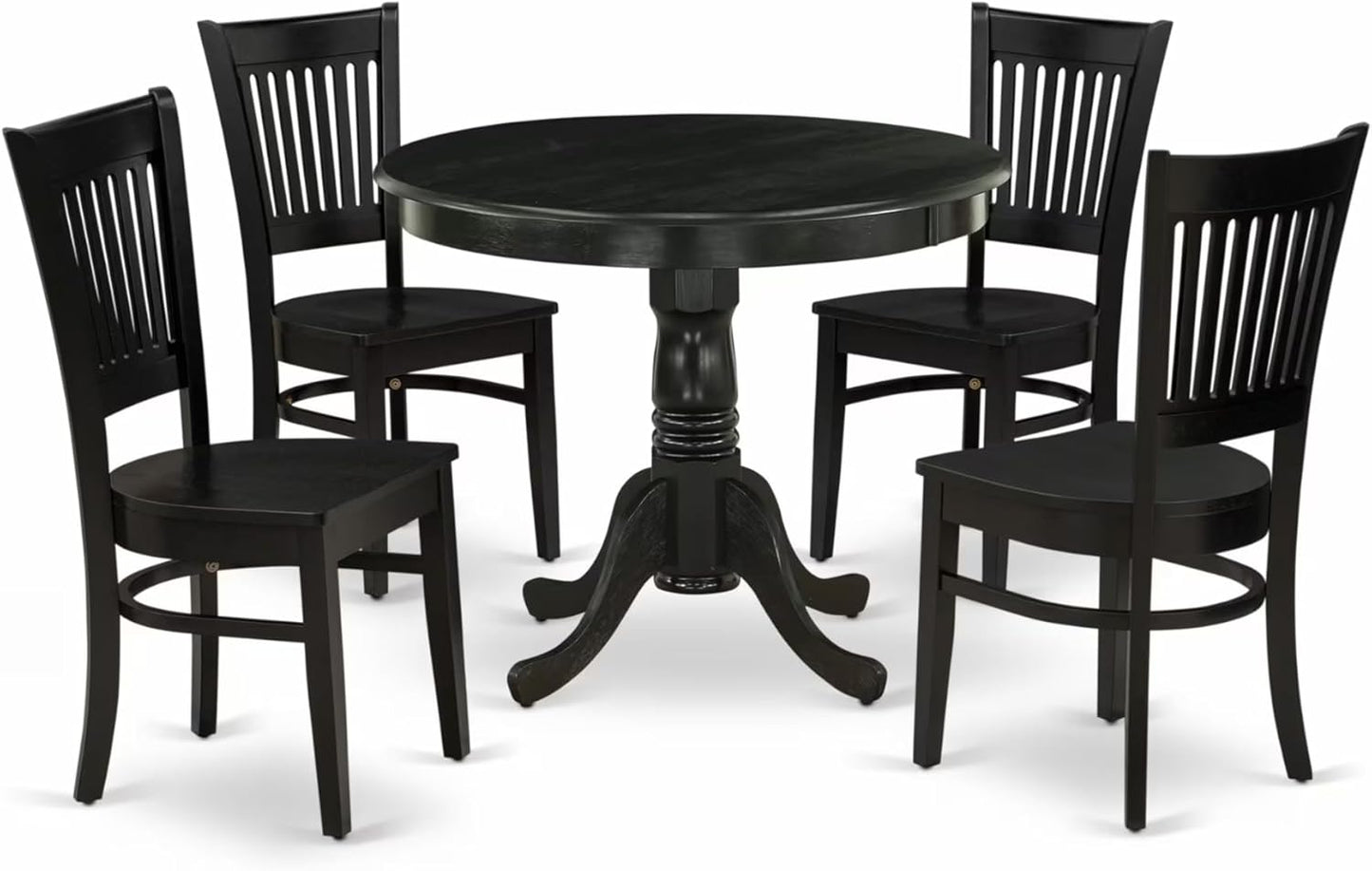 East West Furniture ANVA5-BLK-W 5 Piece Modern Dining Table Set Includes a Round Kitchen Table with Pedestal and 4 Dining Room Chairs, 36x36 Inch, Black