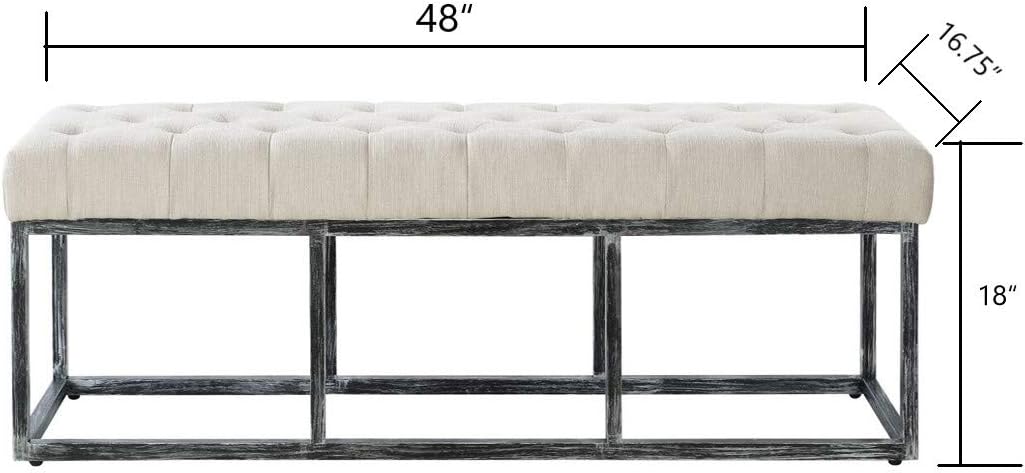 24KF Upholstered Tufted Long Bench with Metal Frame Leg, Linen Bench Ottoman with Padded Seat-Ivory