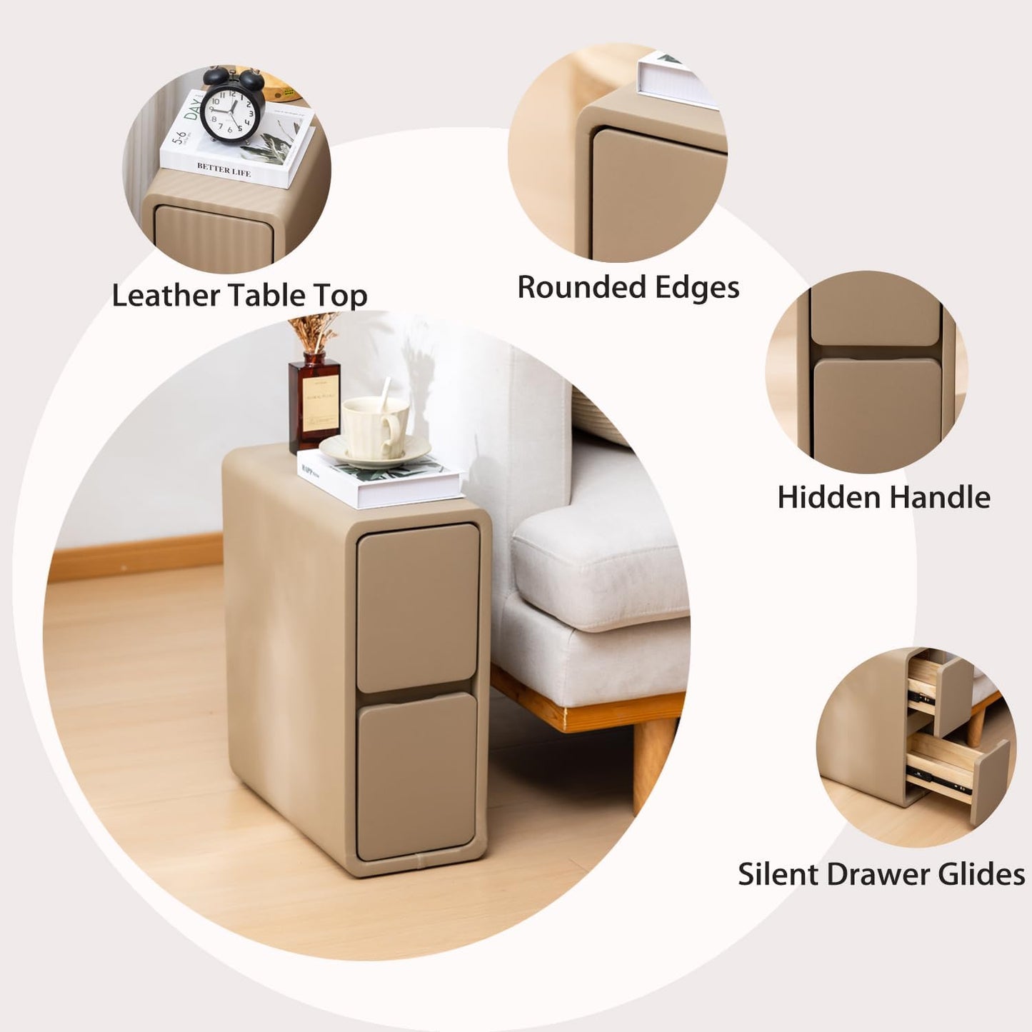 Narrow Nightstand, Solid Wood Night Stand for Small Spaces, Couch, Khaki Color 7.87in Wide