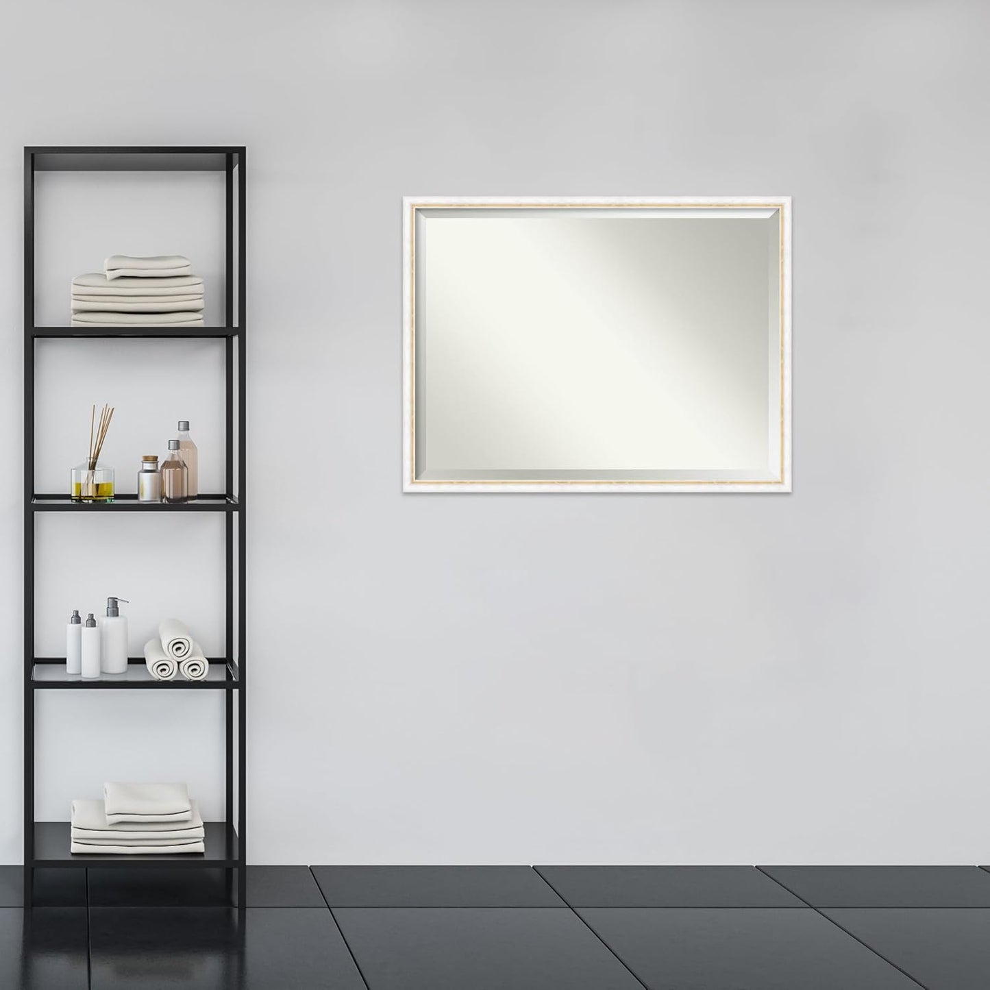 Amanti Art White Bathroom Mirror for Over Sink, 32x42 Morgan White Gold Rectangle Vanity Mirror, X-Large Modern Contemporary Wood Frame, Hangs Horizonally and Vertically, Bathroom Wall Decor, Beveled
