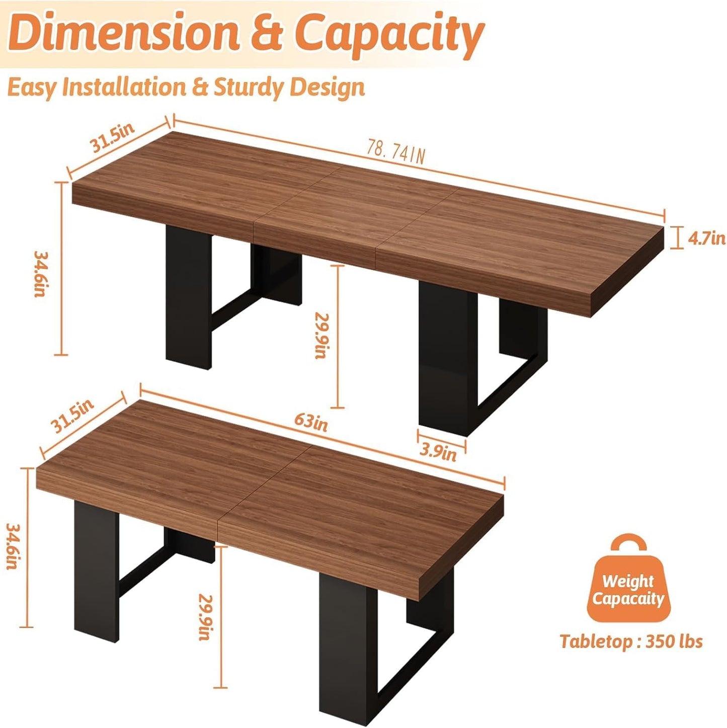 63"-78.74" Rectangular Extendable Dining Table for 6-10 People – Modern Farmhouse Wooden Kitchen Table with Brown Finish, Large Extendable Table for Dining Room or Conference Use