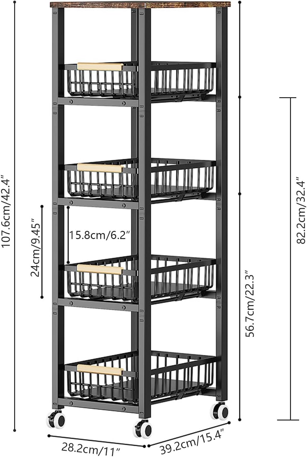 Kitchen Storage Cart Slim Rolling Cart On Wheels,5-Tier Skinny Kitchen Island Utility Organizer Storage Cart with Pull-Out Baskets and Wood Top,Mesh Fruit Basket Cart with Handle