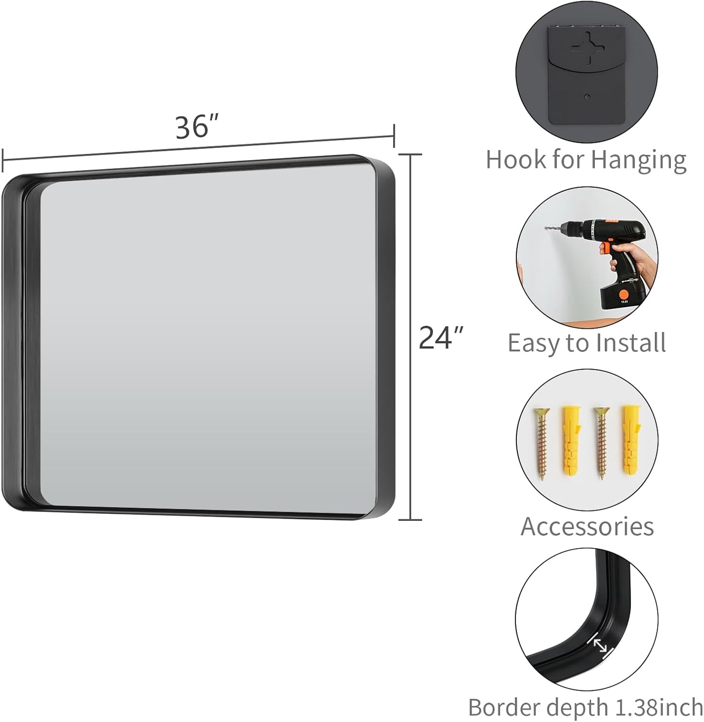Koonmi Black Wall Mirror for Bathroom, 24x36 Inch Matte Deep Framed Rounded Rectangle Vanity Mirror for Farmhouse Living Room, Tempered Glass, Anti-Rust, Vertically or Horizontally