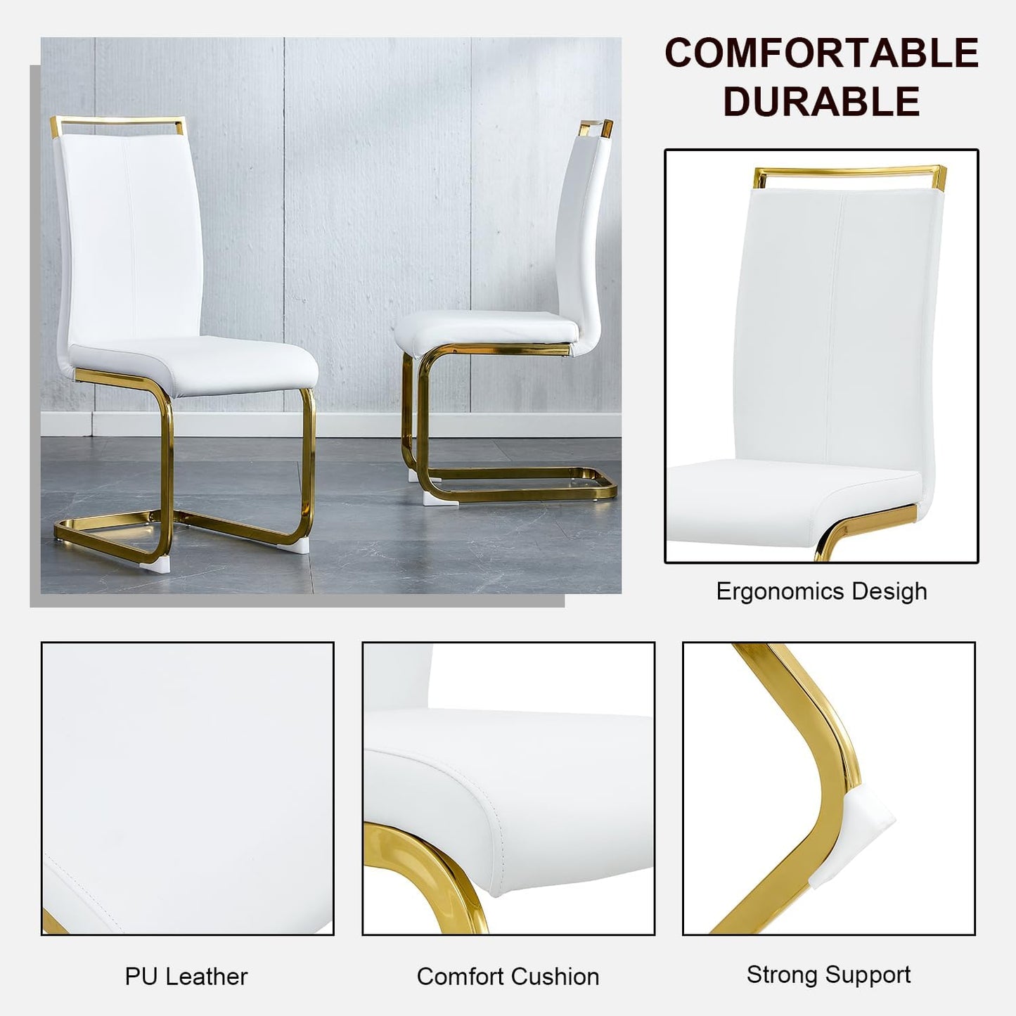 Modern Dining Chairs Set of 6,High Back White Kitchen Chairs,Faux Leather Side Chair with Gold Plated Metal Legs,Easy to Clean Upholstered Dining Chairs,Ideal for Living Room(Gold Leg)