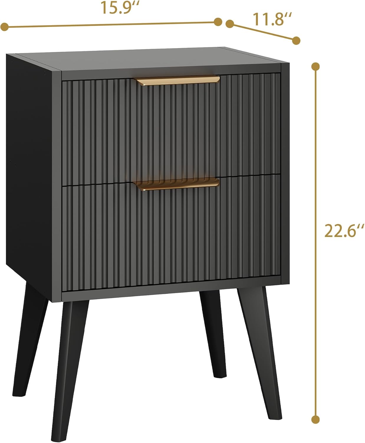 Fluted Nightstand with 2 Drawers,Modern Bedside Table with Metal Handles,White Side Table with Solid Wood Legs,Mid Century End Table for Living Room,Bedroom,Black CTG55BK