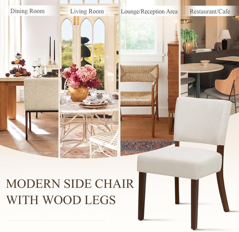 COLAMY Mid Century Modern Dining Chairs Set of 4, Upholstered Kitchen Chairs with Open Back, Fabric Side Dining Room Chairs with Wood Legs for Dining Room Kitchen Restaurant, Beige